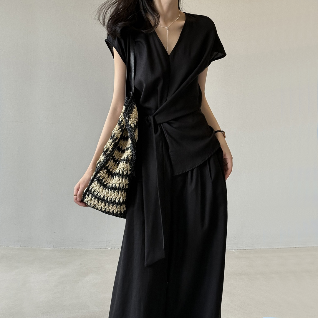 【セットアップ】【単品注文】夏 Vネック ノースリーブ シャツ + ワイドパンツ 2点上下セット 【SNシリーズ】