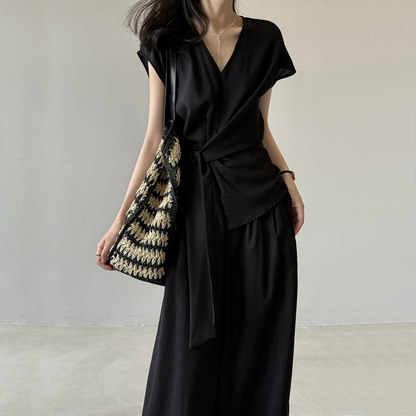 【セットアップ】【単品注文】夏 Vネック ノースリーブ シャツ + ワイドパンツ 2点上下セット 【SNシリーズ】