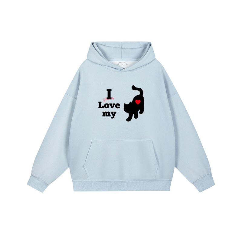 全7色【トップス】🐱猫プリント フード付き スウェット ユニセックス 秋冬 ゆったり かわいい パーカー【FCシリーズ】