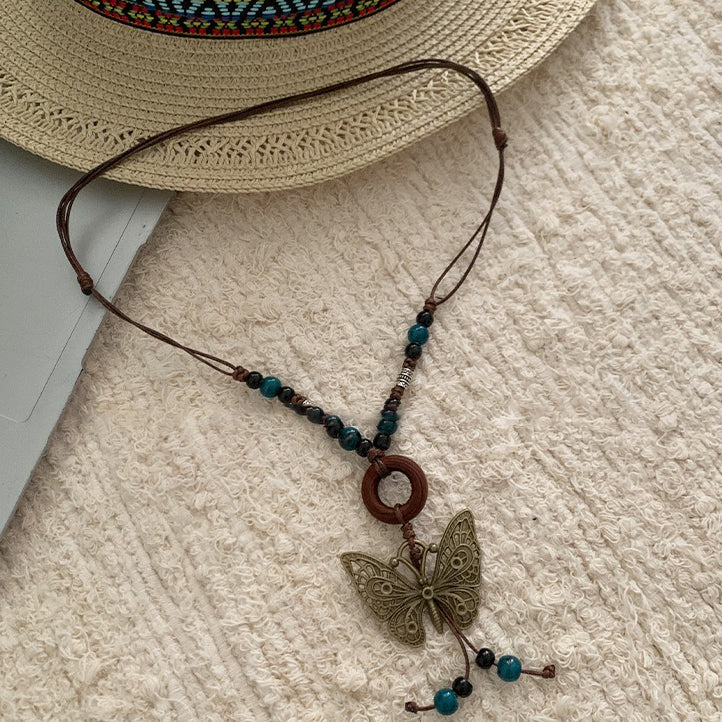 【🎁 B2G1｜先行スタート！】【グッズ】レトロ 蝶モチーフネックレス レディース ロング丈 ニットチェーン 高級感 ボヘミアンスタイル ハングネックアクセサリー