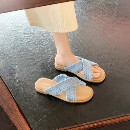 【シューズ】リゾート風 クロス編み オープントゥ サンダル