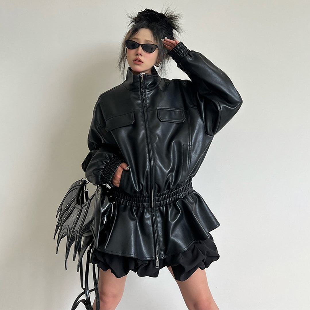 【アウター】春 秋 冬 ファッション ブラック フリル PU ジャケット【FCシリーズ】
