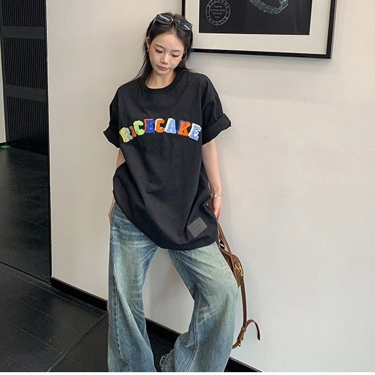 【トップス】ドーパミンカラー  ミニマル ワッペン刺繍 オーバーサイズ  Ｔシャツ  【FCシリーズ】
