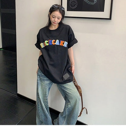 【トップス】ドーパミンカラー  ミニマル ワッペン刺繍 オーバーサイズ  Ｔシャツ  【FCシリーズ】