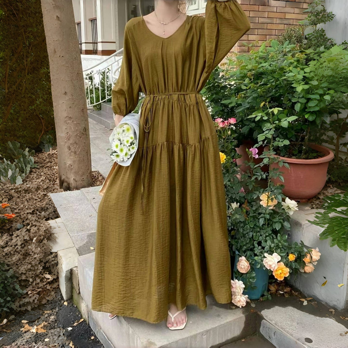 【ワンピース】7カラー 夏 韓国風 ゆったり 大きめサイズ ロング丈 無地 長袖ワンピース