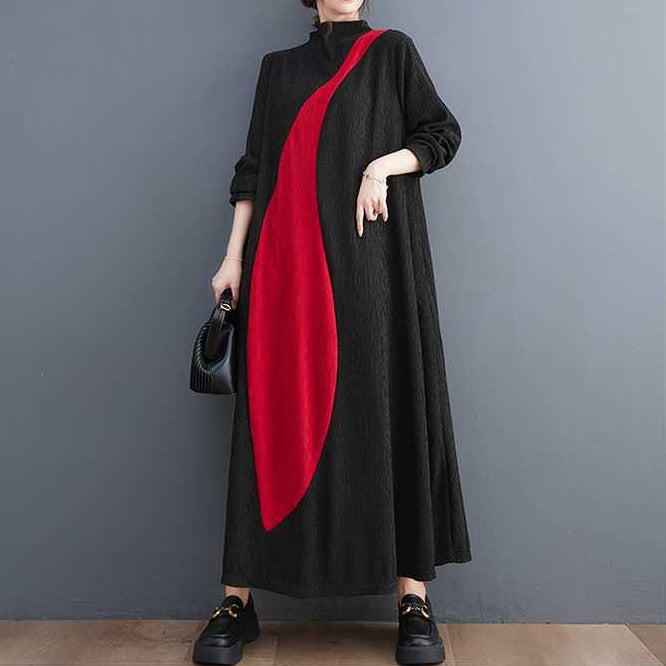 【ワンピース】文芸風 韓国風 配色切替 長袖 アシンメトリー ワンピース ミモレ丈 着痩せ シンプル【AHシリーズ】