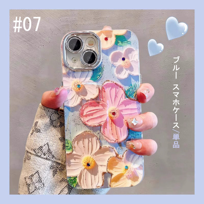【グッズ】iPhone 16 Pro Max / 15 Pro / 13 / 13 PM  用 ブルーライトカット 油絵フラワー 韓国風 レディース 全面保護 レンズカバー付き 高級感 ストラップ付き 新作 スマホケース