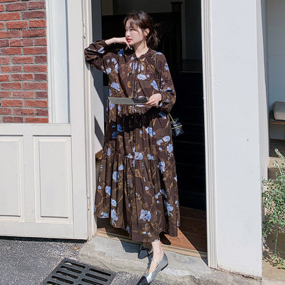 【ワンピース】ヴィンテージ風 フリルカラー 花柄 長袖ワンピース 2026春新作 小柄向け ロング丈【SHシリーズ】