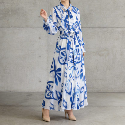 【ワンピース】フレンチエレガンス 気質 レディース シフォン 長袖ワンピース 蝶結びネック フレア 大人可愛い【SHシリーズ】