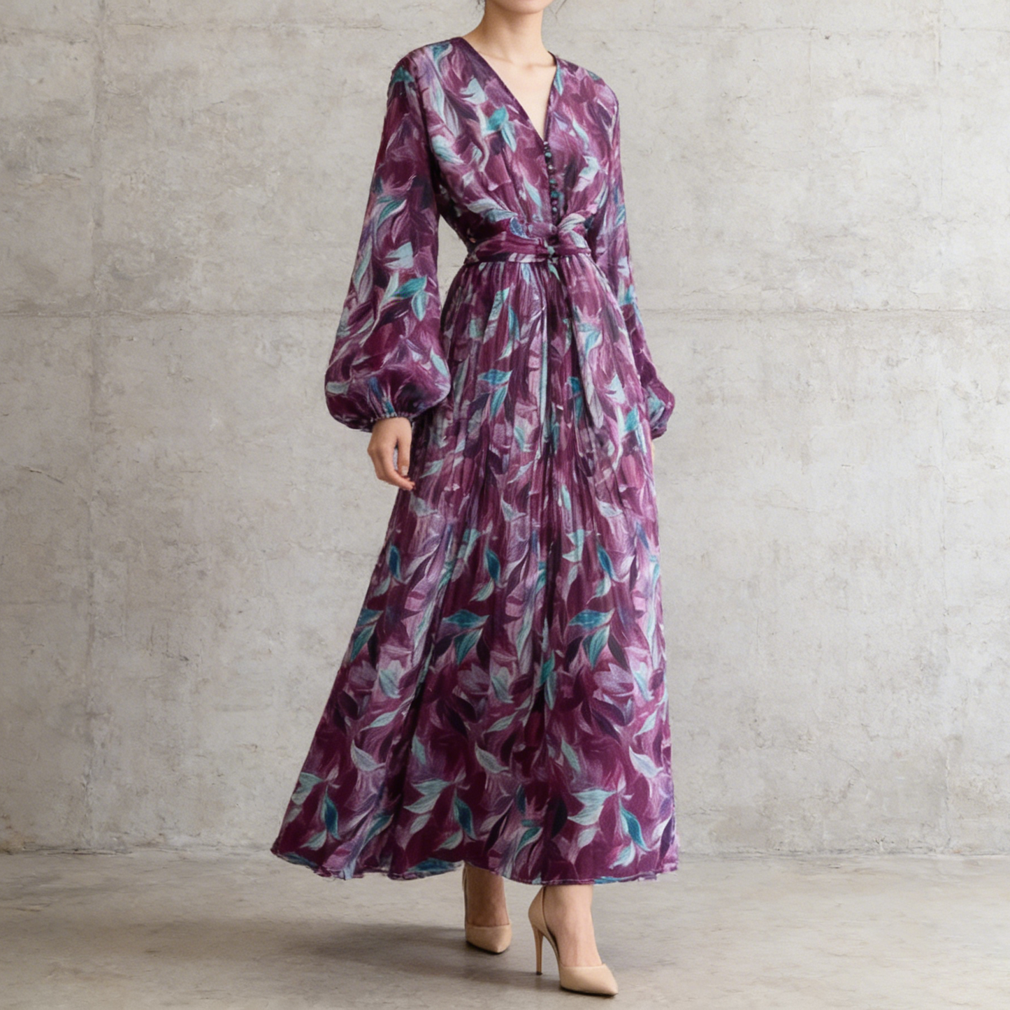 【ワンピース】大人フェミニン♡フレンチレトロ 長袖 花柄ワンピース｜ウエストマーク＆パフスリーブで細見え【SHシリーズ】