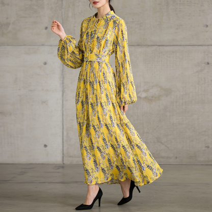 【ワンピース】スタンドカラー リボン付き Aライン プリント プリーツ 長袖 ワンピース 【SHシリーズ】