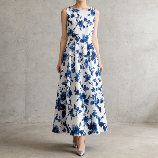 ✨パーティー・お呼ばれ【ワンピース】 花柄ノースリーブワンピース ウエストマーク フレアロングドレス【SHシリーズ】