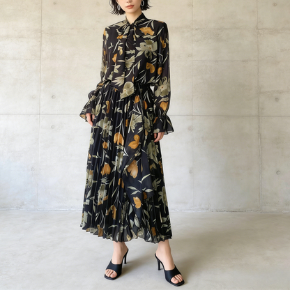 期間限定⭐️60%OFF【ワンピース】リボン付き シフォン ハイウエスト 小花柄 長袖 ワンピース 【SHシリーズ】