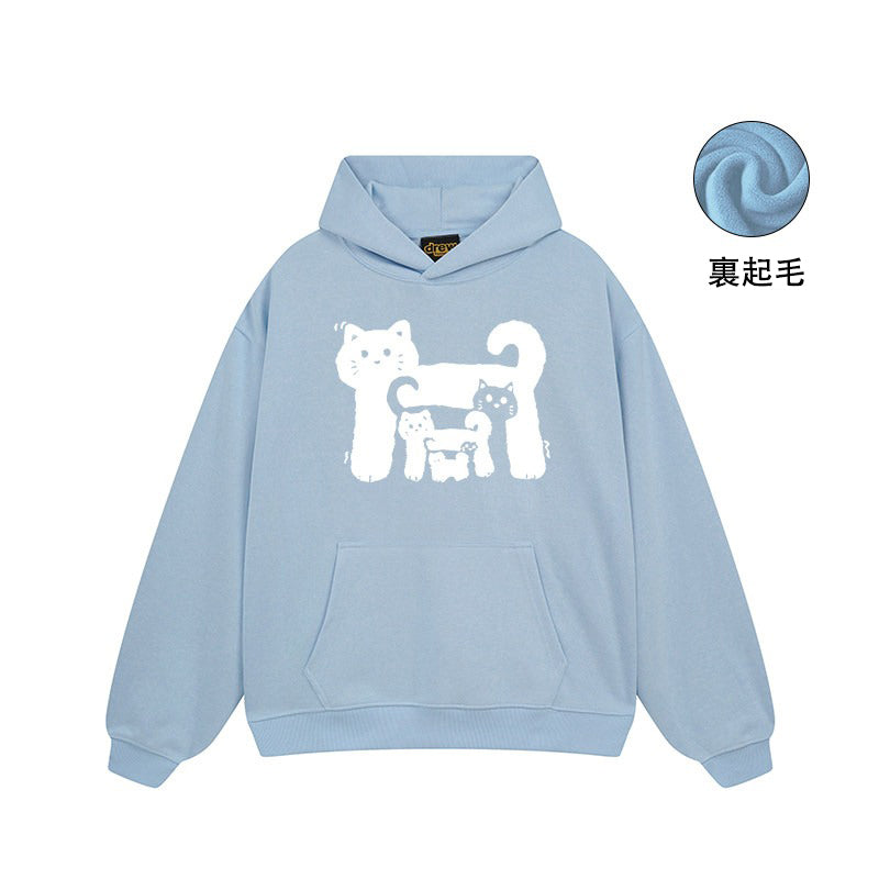 【トップス】🐱アメリカンストリート猫プリントコットンパーカー ユニセックス ペアルック 秋冬 スクール風【FCシリーズ】