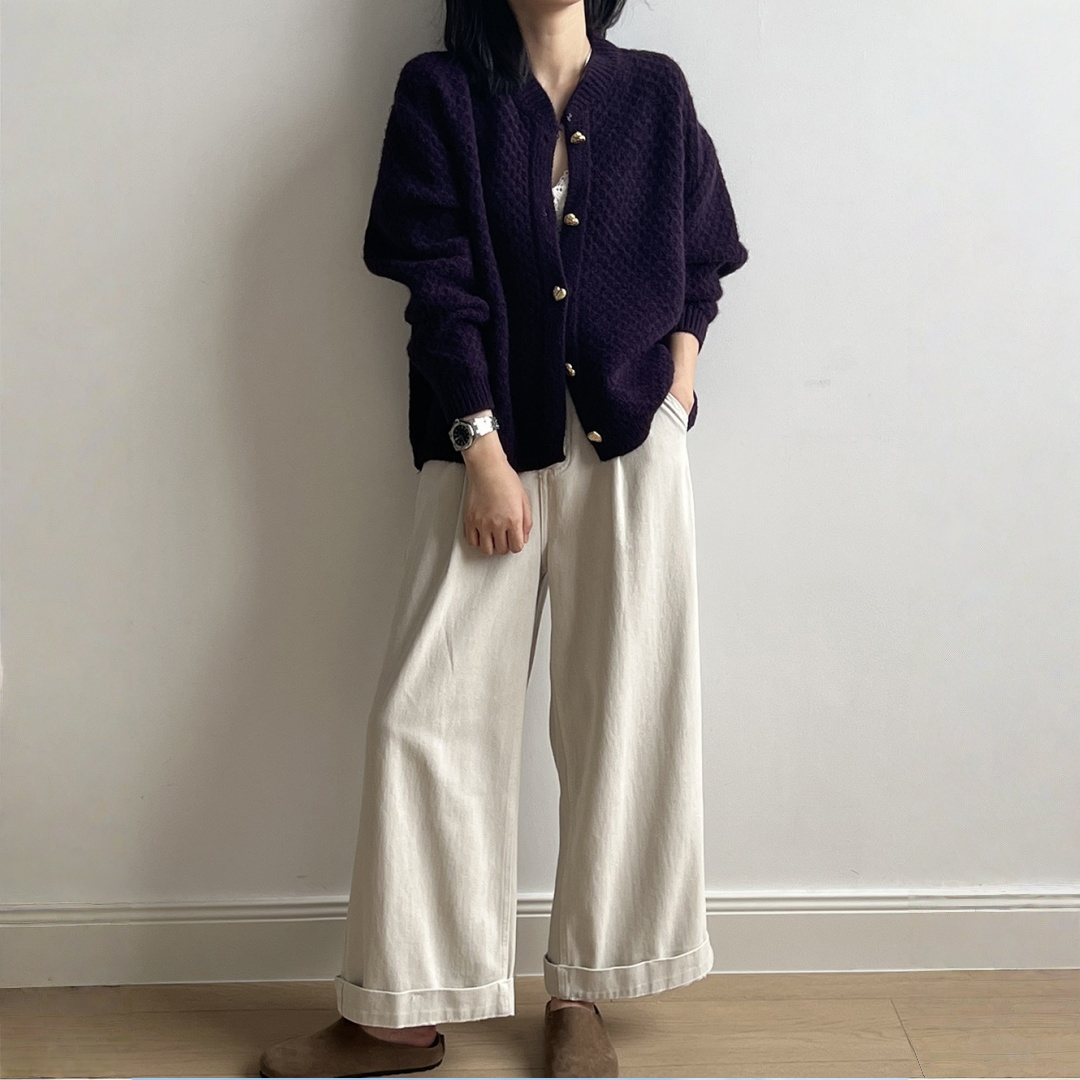 【アウター】パイナップル柄 ハートボタン  クルーネック ニット カーディガン 【JZシリーズ】