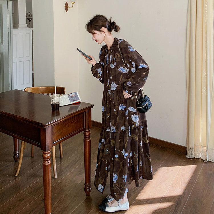 【ワンピース】ヴィンテージ風 フリルカラー 花柄 長袖ワンピース 2026春新作 小柄向け ロング丈【SHシリーズ】