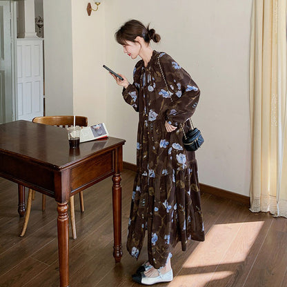 【ワンピース】ヴィンテージ風 フリルカラー 花柄 長袖ワンピース 2026春新作 小柄向け ロング丈【SHシリーズ】