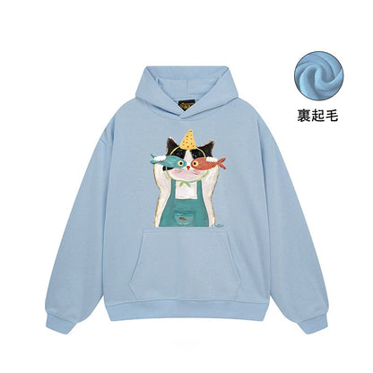 【トップス】🐱アメリカンストリート猫プリントパーカー ユニセックス コットン オーバーサイズ 秋冬コーデ【FCシリーズ】