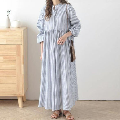 【24AW】【ワンピース】日系 清新 しま模様 ゆったり 長袖ワンピース