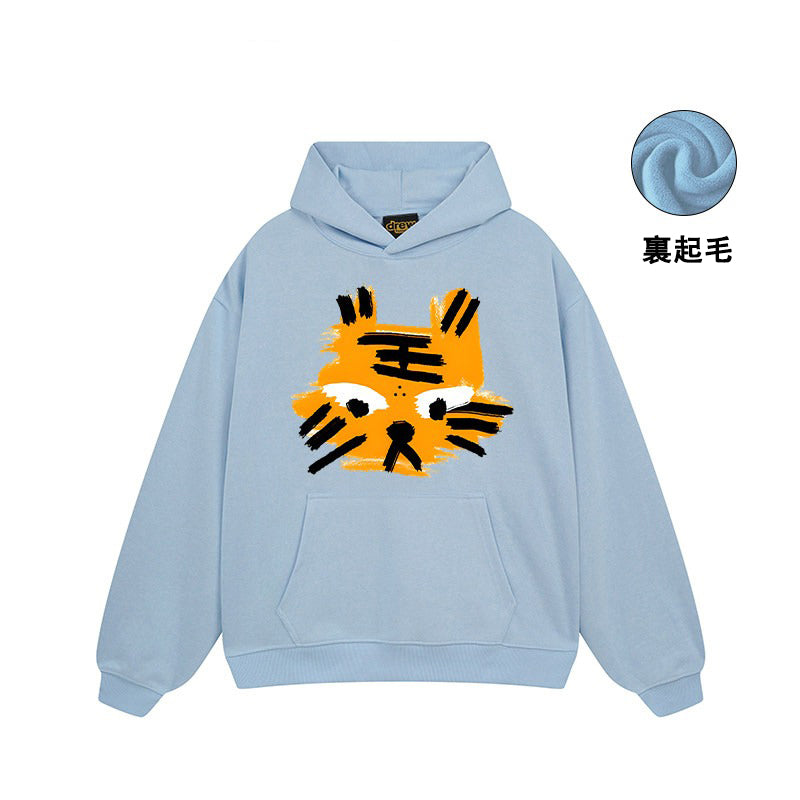 【トップス】🐱ストリートタイガーヘッドプリント裏起毛パーカー ユニセックス ペアルック 秋冬 オーバーサイズ【FCシリーズ】