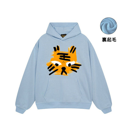 【トップス】🐱ストリートタイガーヘッドプリント裏起毛パーカー ユニセックス ペアルック 秋冬 オーバーサイズ【FCシリーズ】