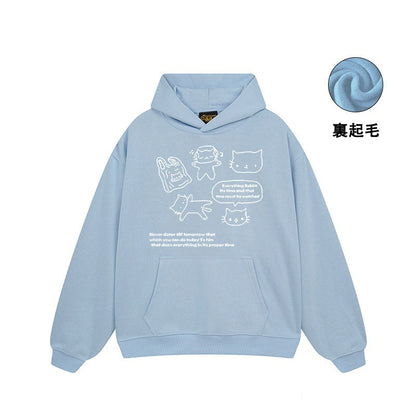 【トップス】🐱ストリート猫プリントヘビーウェイトコットンパーカー ユニセックス ペアルック 秋冬【FCシリーズ】