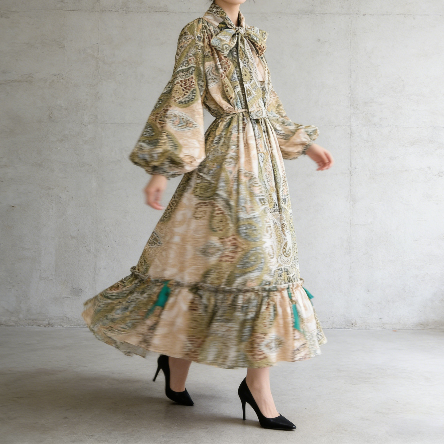 【ワンピース】レトロ風 長袖 リボン付き ウエストマーク Aライン 花柄プリント ランタンスリーブ ワンピース エレガント ロングワンピース レディース【SHシリーズ】