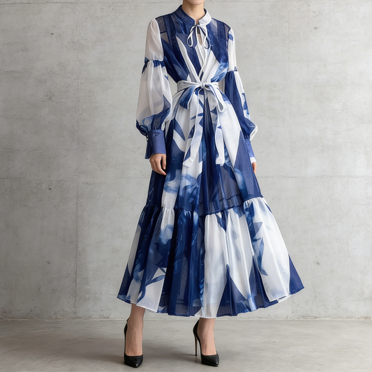 【ワンピース】5カラー フレンチレトロ 花柄ワンピース 長袖 ウエストマーク ゆったり着痩せ ロング丈 上品エレガント 万能ワンピ【SHシリーズ】