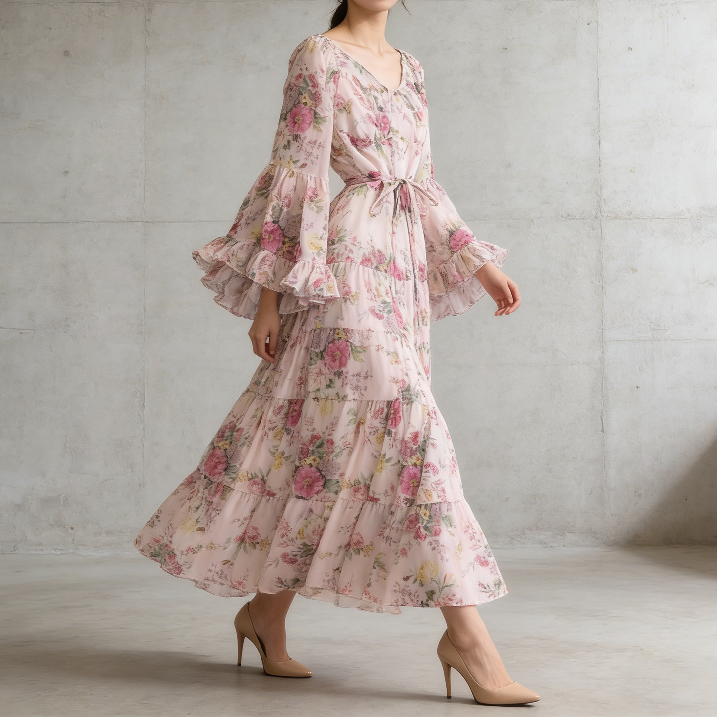 【ワンピース】褒められ確定！フレンチ小衆 長袖 プリントロングワンピース｜シフォン＆ベルスリーブ【SHシリーズ】