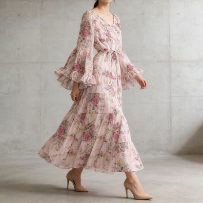 【ワンピース】褒められ確定！フレンチ小衆 長袖 プリントロングワンピース｜シフォン＆ベルスリーブ【SHシリーズ】