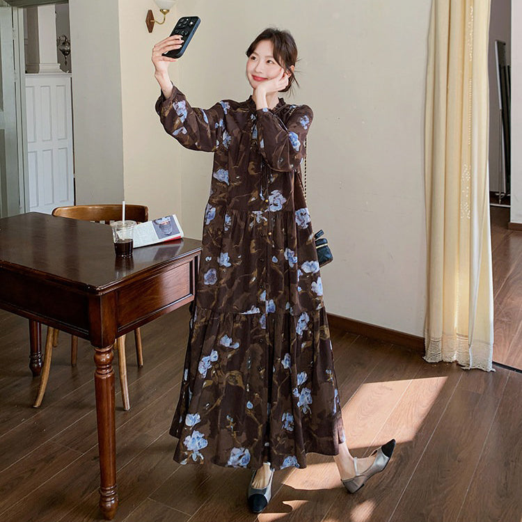 【ワンピース】ヴィンテージ風 フリルカラー 花柄 長袖ワンピース 2026春新作 小柄向け ロング丈【SHシリーズ】