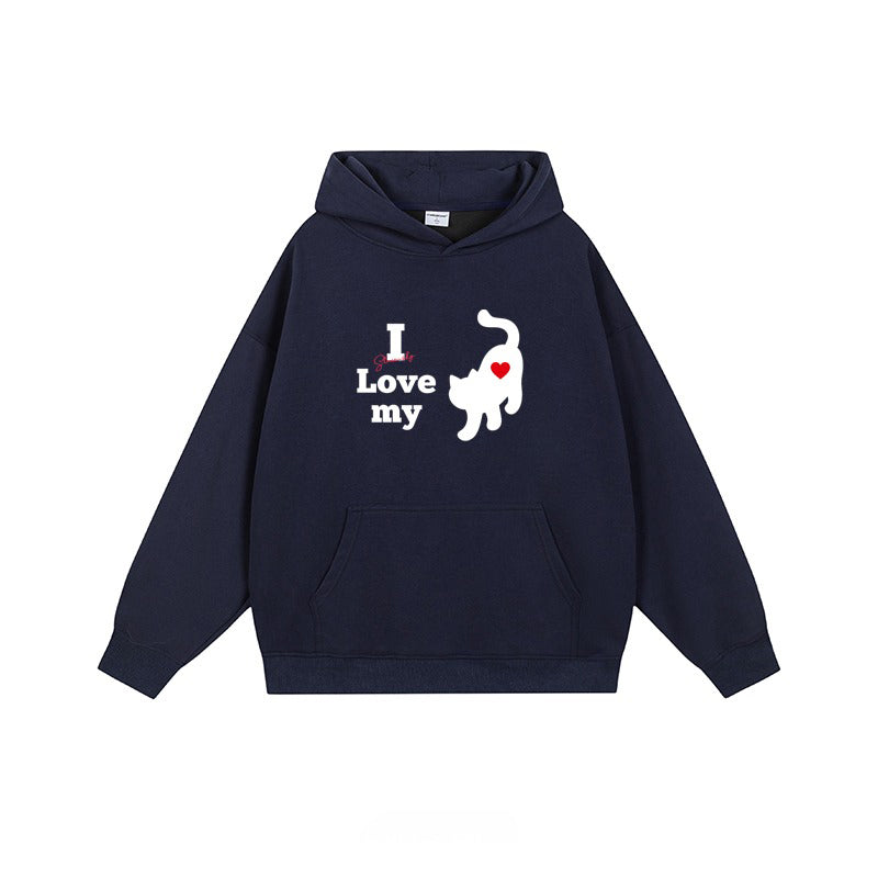 全7色【トップス】🐱猫プリント フード付き スウェット ユニセックス 秋冬 ゆったり かわいい パーカー【FCシリーズ】