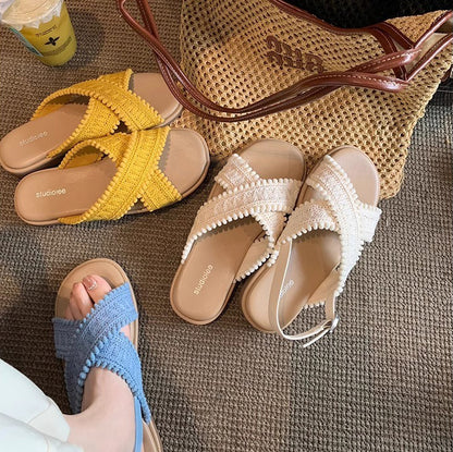 【シューズ】リゾート風 クロス編み オープントゥ サンダル