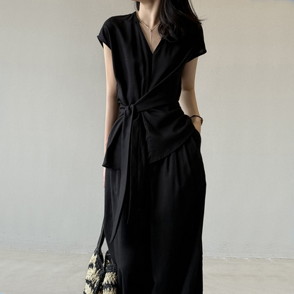 【セットアップ】【単品注文】夏 Vネック ノースリーブ シャツ + ワイドパンツ 2点上下セット 【SNシリーズ】