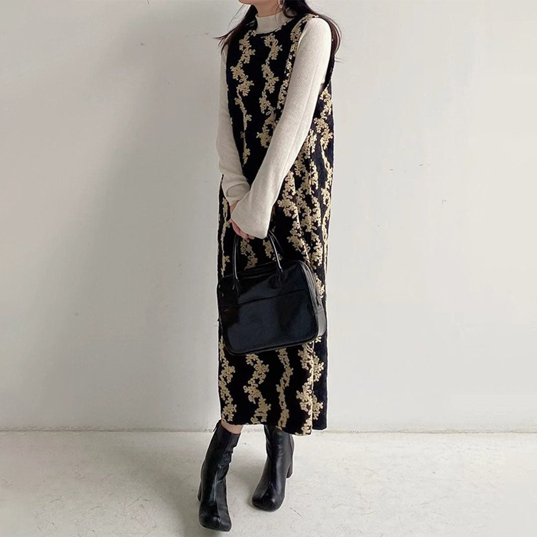 【24AW】【15～20日内発送】【ワンピース】レトロ ニット生地 ジャカード  刺繍 ヘプバーン風 ノースリーブワンピース