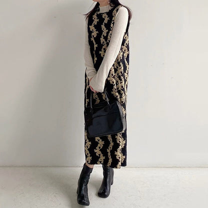 【24AW】【15～20日内発送】【ワンピース】レトロ ニット生地 ジャカード  刺繍 ヘプバーン風 ノースリーブワンピース