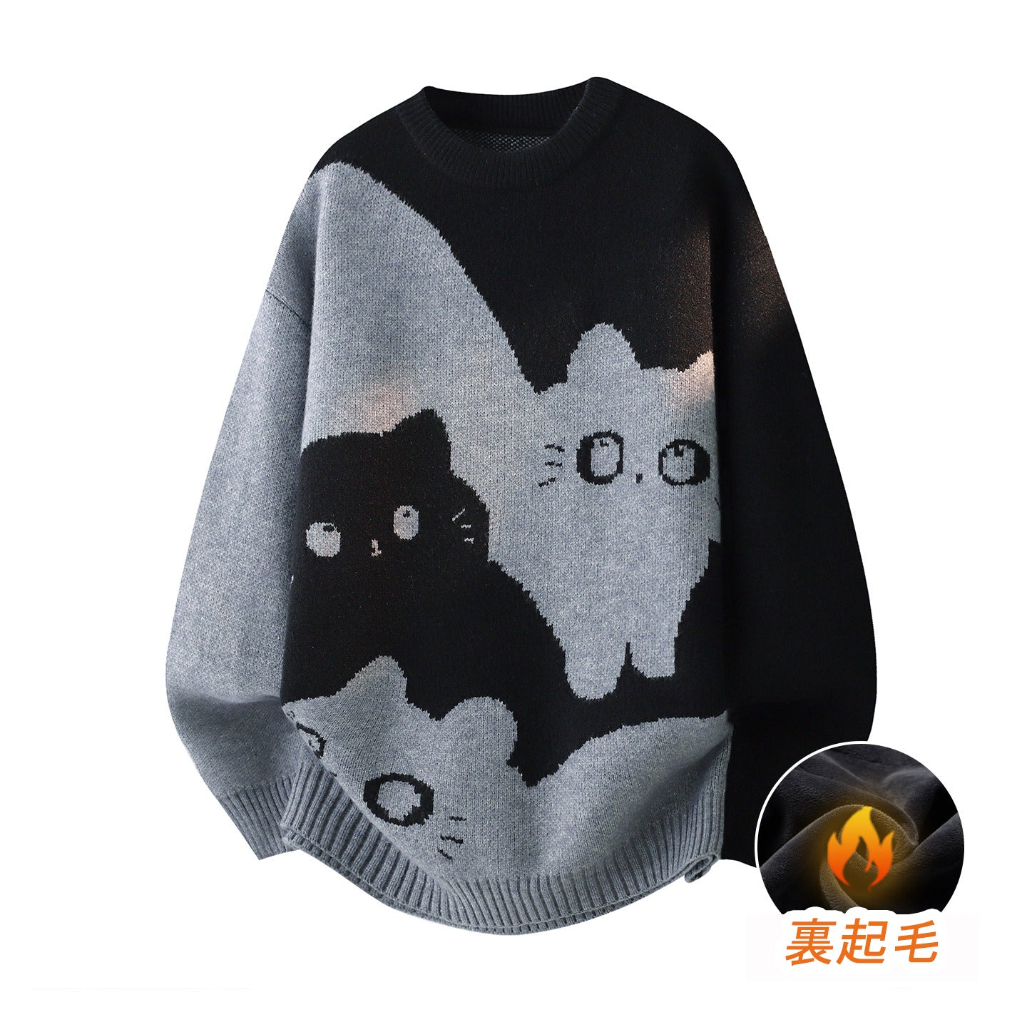 【トップス】カートゥーン猫柄 裏起毛 ニット 秋冬 メンズ レディース 高級感 ユニセックス【FCシリーズ】