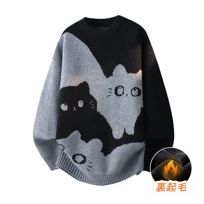 【トップス】カートゥーン猫柄 裏起毛 ニット 秋冬 メンズ レディース 高級感 ユニセックス【FCシリーズ】