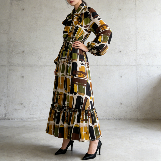 【60%OFF⭐️早い者勝ち】【ワンピース】リボン ウエストマーク Aライン フレア フリル プリント 長袖 ワンピース 【SHシリーズ】