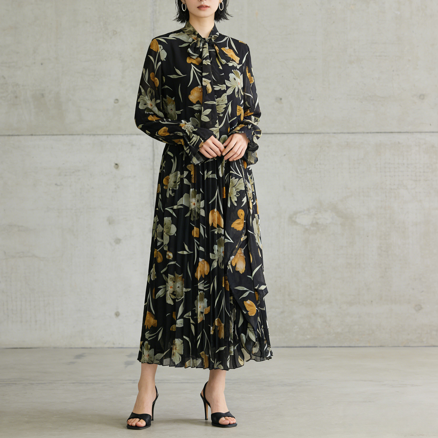 期間限定⭐️60%OFF【ワンピース】リボン付き シフォン ハイウエスト 小花柄 長袖 ワンピース 【SHシリーズ】