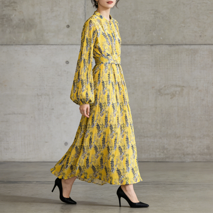 【ワンピース】スタンドカラー リボン付き Aライン プリント プリーツ 長袖 ワンピース 【SHシリーズ】