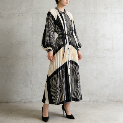 【ワンピース】ラウンドネック サテン プリント プリーツ 長袖 ワンピース 【SHシリーズ】