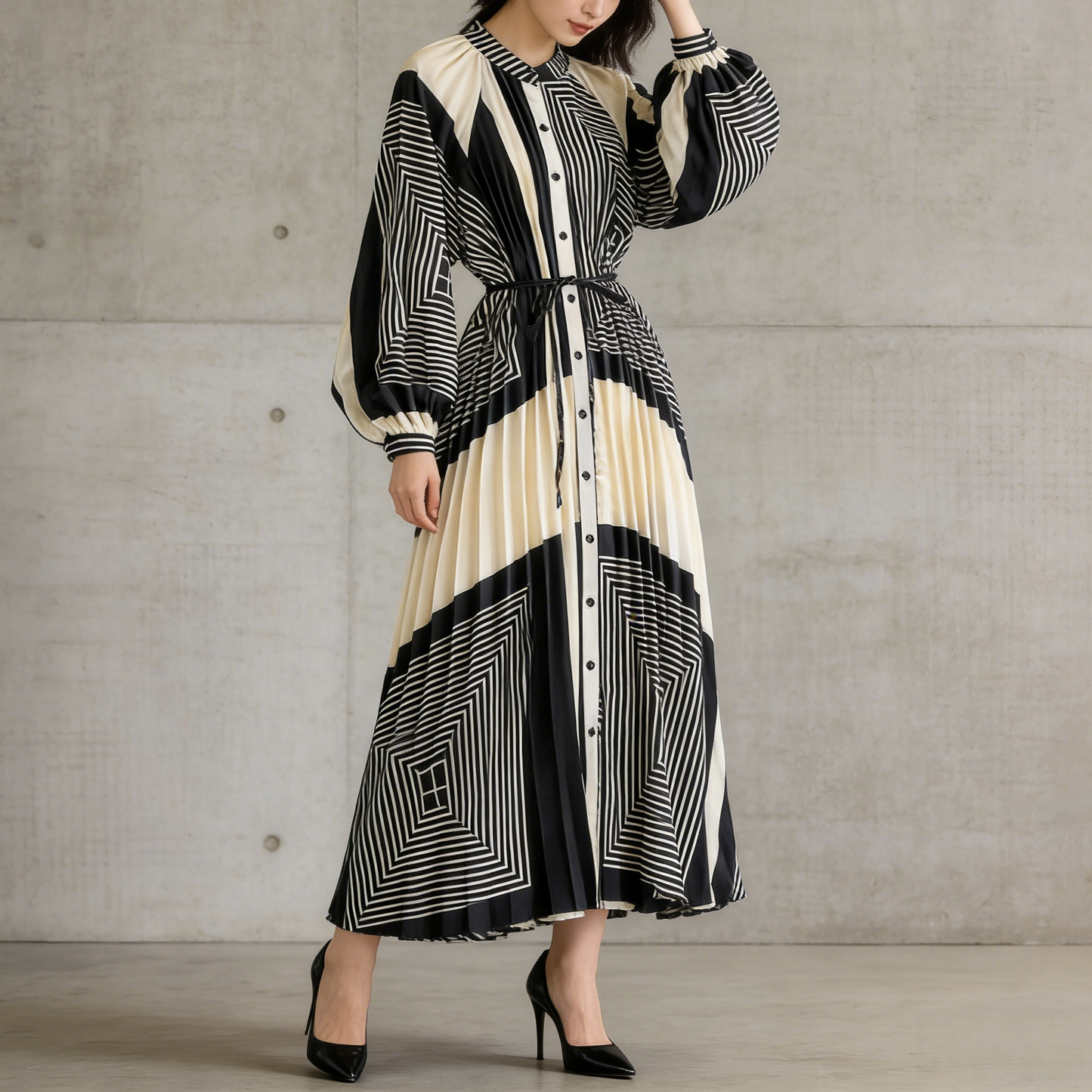 【ワンピース】ラウンドネック サテン プリント プリーツ 長袖 ワンピース 【SHシリーズ】