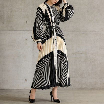 【ワンピース】ラウンドネック サテン プリント プリーツ 長袖 ワンピース 【SHシリーズ】