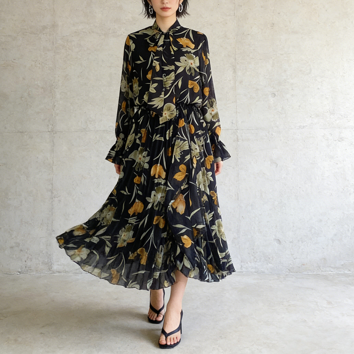 期間限定⭐️60%OFF【ワンピース】リボン付き シフォン ハイウエスト 小花柄 長袖 ワンピース 【SHシリーズ】