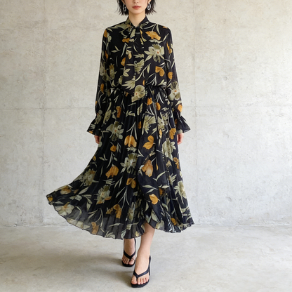 期間限定⭐️60%OFF【ワンピース】リボン付き シフォン ハイウエスト 小花柄 長袖 ワンピース 【SHシリーズ】