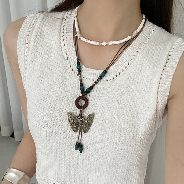 【🎁 B2G1｜先行スタート！】【グッズ】レトロ 蝶モチーフネックレス レディース ロング丈 ニットチェーン 高級感 ボヘミアンスタイル ハングネックアクセサリー