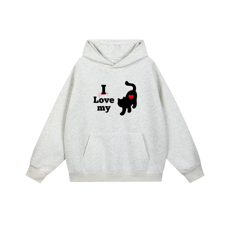 全7色【トップス】🐱猫プリント フード付き スウェット ユニセックス 秋冬 ゆったり かわいい パーカー【FCシリーズ】