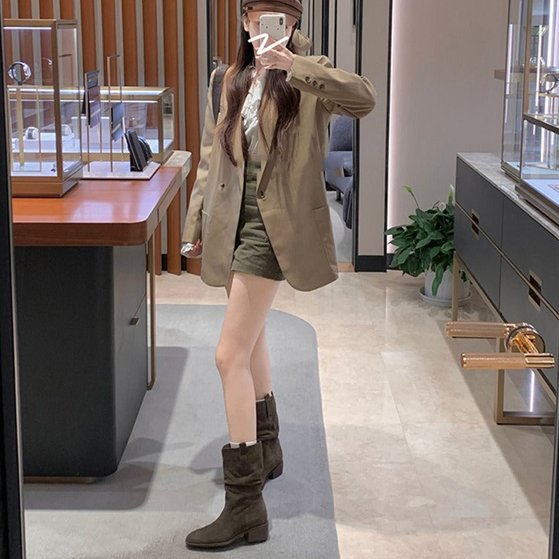 【シューズ】春 秋 冬 ラウンドトゥ チャンキーヒール 脚長効果 くしゅくしゅデザイン マーチンブーツ 【JZシリーズ】