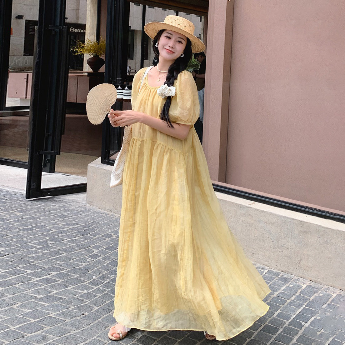 【ワンピース】イエロー ロングワンピース 夏 ゆったり バックシャン リボンデザイン 体型カバー リゾートドレス【JZシリーズ】